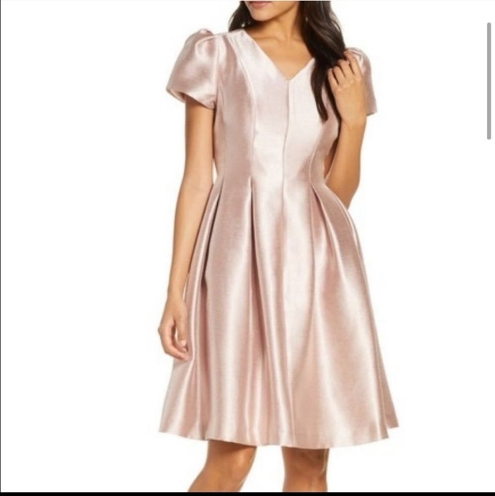 𝅺RACHEL Parcell Pink Dust Satin Twill Puff Sleeve Party Dress